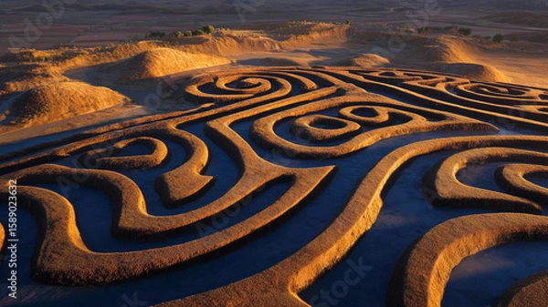 Obraz Tribal symbol inspired maze structure on arid terrain