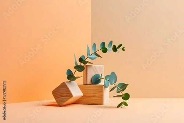 Fototapeta Wooden blocks and eucalyptus leaves on peach background for product display mockup scene