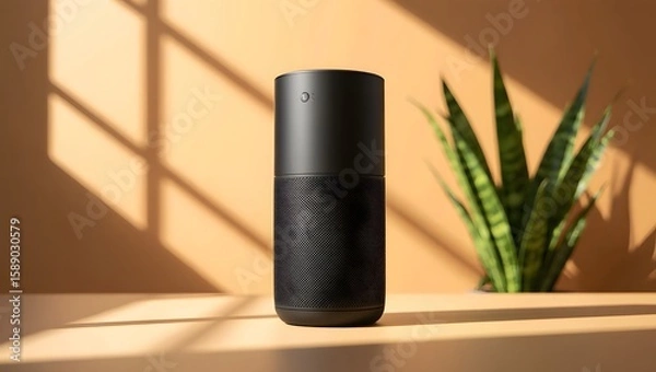 Fototapeta Smart home speaker assistant device with modern design for home automation and voice control