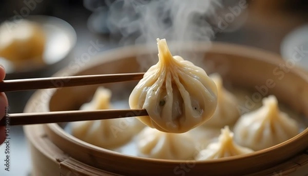 Obraz Steaming dumpling held by chopsticks, in a bamboo steamer, ready to be enjoyed