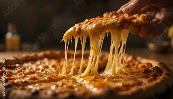 Obraz Hand lifting a pizza slice with long, gooey cheese strands, over the rest of the pie