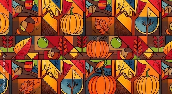 Fototapeta Vivid Pop Art Autumn Composition with Pumpkins and Leaves