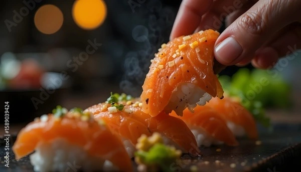 Obraz Close-up of hand picking up sushi, showcasing vibrant salmon nigiri. Steam rising