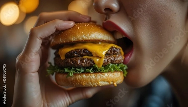 Obraz Close-up of a woman biting into a double cheeseburger.  A hand holds the burger close to a woman's mouth.  Blurred restaurant background