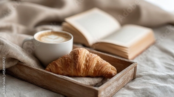 Fototapeta Cozy Breakfast Scene with Fresh Croissant Coffee and Open Book on Bedside Table.