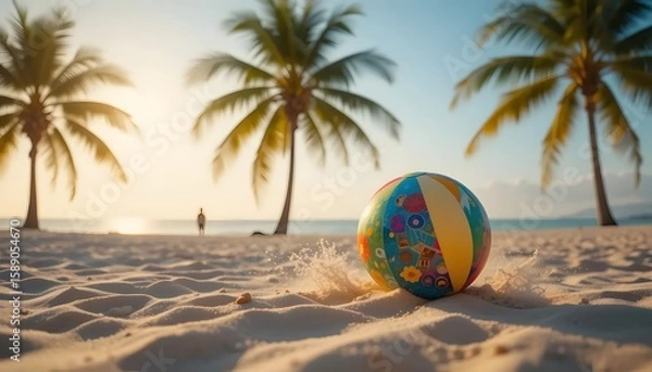 Obraz Colorful beach ball rests on a pristine white sand beach, bathed in soft golden sunlight as palm trees frame the scene. A solitary figure stands in the distance