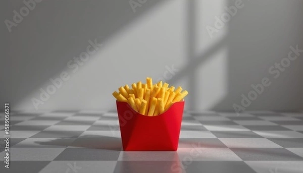 Obraz Red carton filled with crispy golden french fries standing on a black and white checkered surface