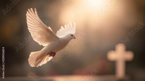 Obraz Peaceful white dove flying in warm sunset light with blurred background and cross.