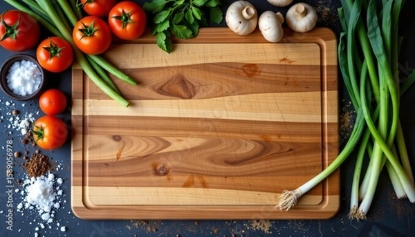 Obraz Wooden cutting board with fresh red tomatoes green onions white mushrooms and various spices
