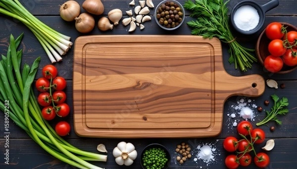 Obraz Wooden cutting board surrounded by fresh tomatoes green onions whole onions garlic parsley and spices on a dark surface