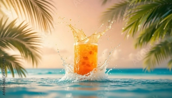 Obraz A vibrant orange drink splashes in a pool, tropical setting