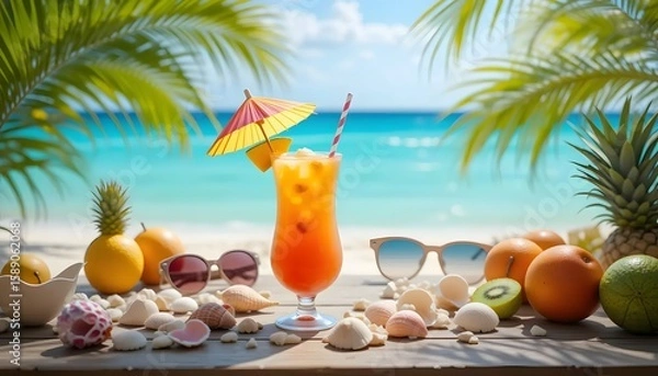 Obraz Tropical cocktail on a beach table, with fruits, shells, and sunglasses