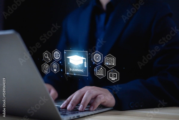 Fototapeta E-learning concept, Businessman showing icons in front of laptop. Learning online educate technology provides easy access, Learning through online greater enhance. training digital online