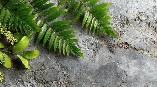 Fototapeta Fresh greenery arranged on a textured gray surface.