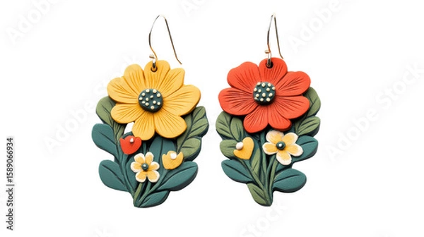 Fototapeta Handcrafted polymer clay earrings in floral design, Transparent background, PNG file