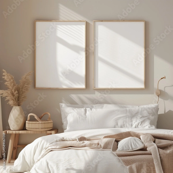 Fototapeta Modern cozy bedroom with two empty photo frames above the pillows, ideal mockup scene for interior designers and digital print sellers