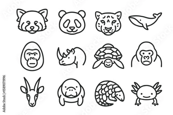 Fototapeta Cute outlined animal faces on dark background