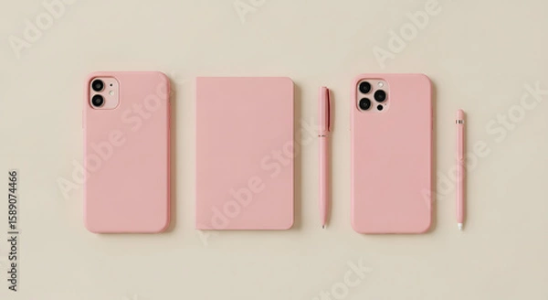 Fototapeta Pink Phone Cases Notebook Pens Beige Background Flatlay
