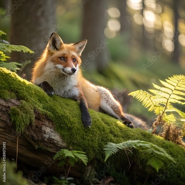 Fototapeta Majestic red fox rests on moss covered log in sun dappled forest