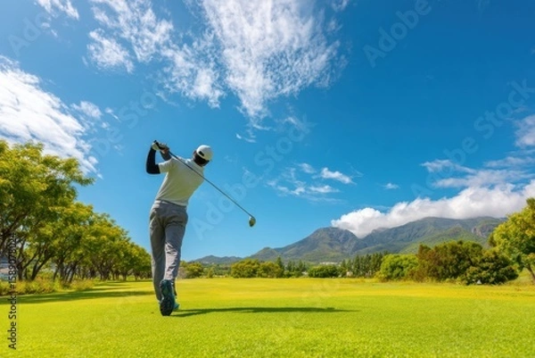 Fototapeta Wide shot of a golfer swinging club on lush green course with mountains and blue sky.