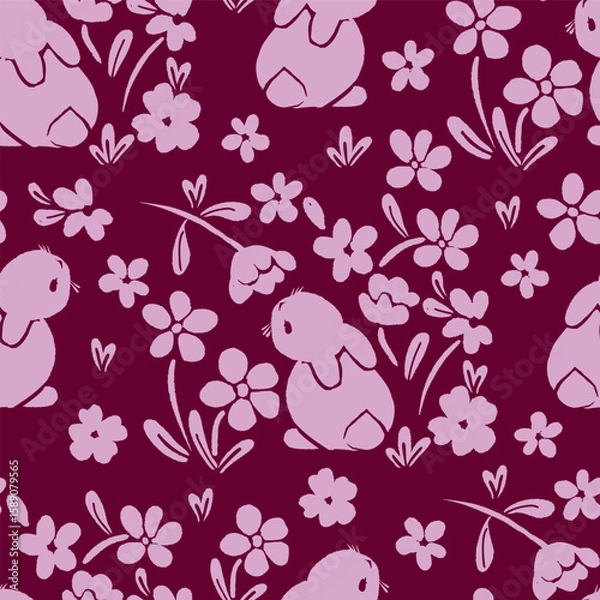 Obraz Cute Bunny and Floral Seamless Pattern, Hand Drawn Vector Illustration
