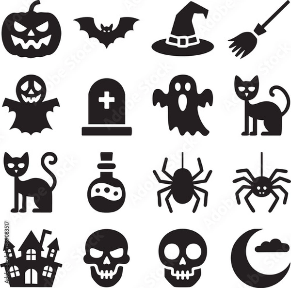 Obraz Halloween Black Icon Set – Ghost, Pumpkin, Witch Hat Vector

