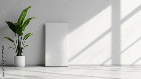 Fototapeta Minimalist interior scene with a potted plant and blank canvas bathed in sunlight