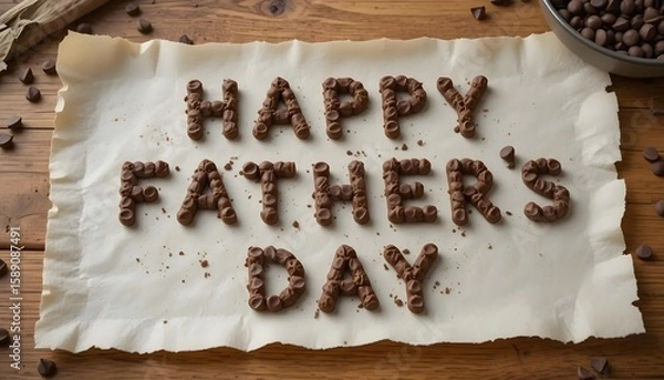 Obraz Chocolate chips arranged to spell "Happy Father's Day" on parchment paper