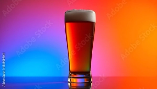 Fototapeta A tall pilsner glass filled with beer and a foamy head on a colorful gradient background studio shot | national 