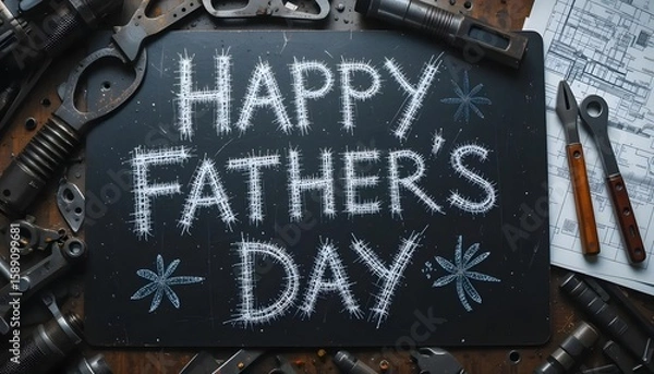 Obraz A dark chalkboard with the words "Happy Father's Day" written in a textured, white, scratch-style font.  Surrounding it are various metal tools and mechanical parts, plus blueprints