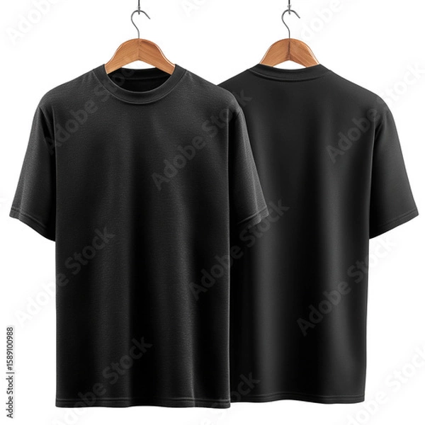 Obraz Two black t shirts hanging on wooden hangers against a dark background isolated on transparent background