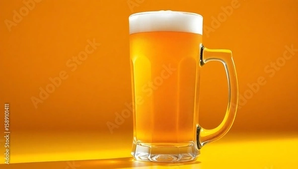 Fototapeta A full mug of beer with white foam on top against a solid orange background in a studio setting | national 