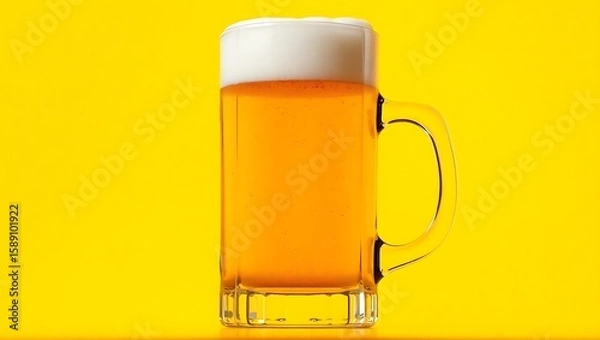 Fototapeta A mug of beer with a thick white head against a bright yellow background in a studio setting shot | national 