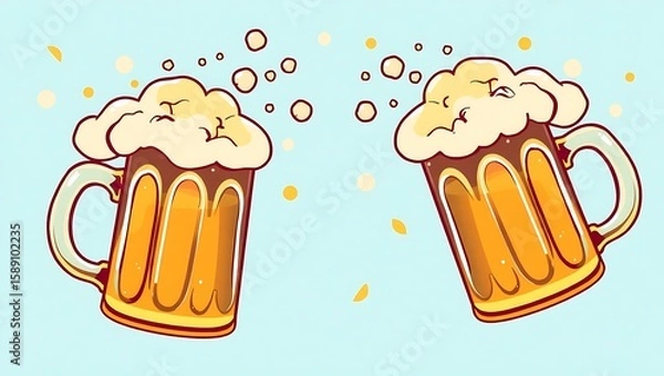 Fototapeta Two cartoon beer mugs with foam and bubbles on a light blue background and yellow confetti falling | national 
