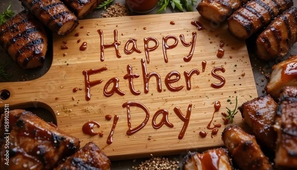 Obraz Grilled meats, BBQ, Father's Day message on a wooden cutting board