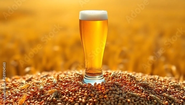 Fototapeta A tall glass of beer with foam on top sitting on a pile of grains with a field background view | national 