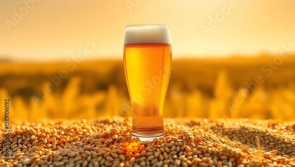 Fototapeta A glass of beer on a pile of grain with a golden field and sky in the background on a sunny day | national 