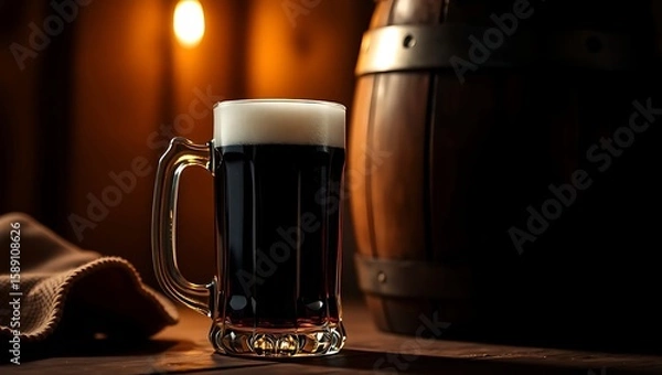 Fototapeta A dark beer in a glass mug with a wooden barrel in the background on a wooden table surface top | national 