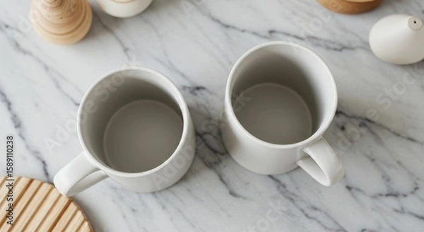 Obraz Elegant white ceramic mugs mockup resting on a sleek marble surface with decor