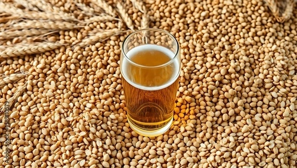 Fototapeta A glass of beer surrounded by wheat grains and stalks on a textured beige background close up shot | national 