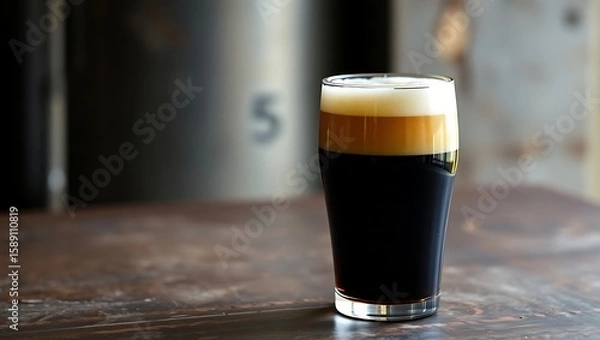 Fototapeta A pint of dark beer with a thick head sits on a worn table in front of brewing equipment inside | national 