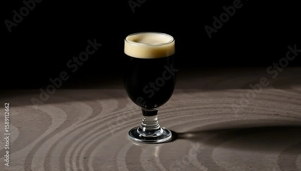 Fototapeta A dark beverage with a foamy top in a clear glass on a patterned surface against a dark background | national 