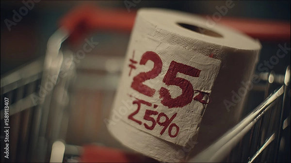Fototapeta Supermarket shelf with red '+25% tariff' price tag stamp on toilet paper roll in shopping cart, consumer blurred in background, inflation and price increase concept.