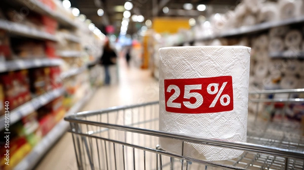 Fototapeta Supermarket shelf with red '+25% tariff' price tag stamp on toilet paper roll in shopping cart, consumer blurred in background, inflation and price increase concept.