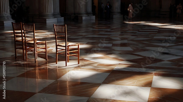 Fototapeta Gilded fountain pen casting long dramatic shadow on Equality Act document with star-spangled light patterns through Capitol rotunda dome, empty chairs symbolizing political debate.