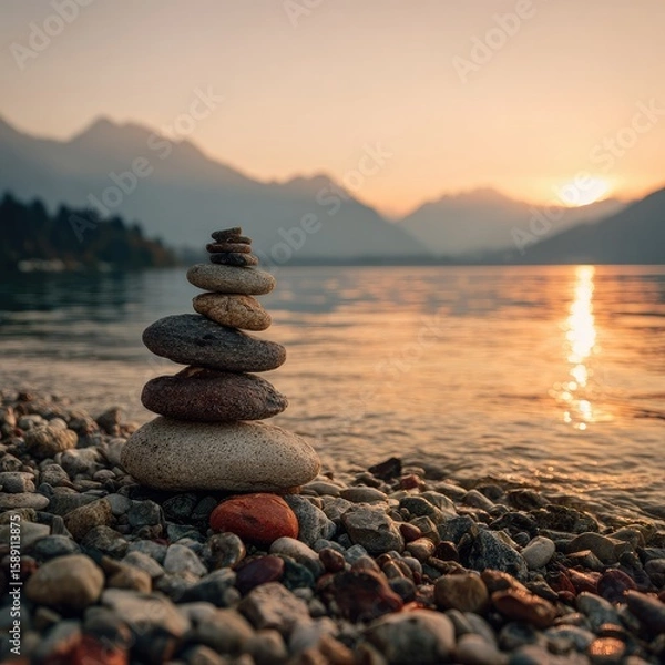 Obraz Calm stones at sunrise on a lake shore