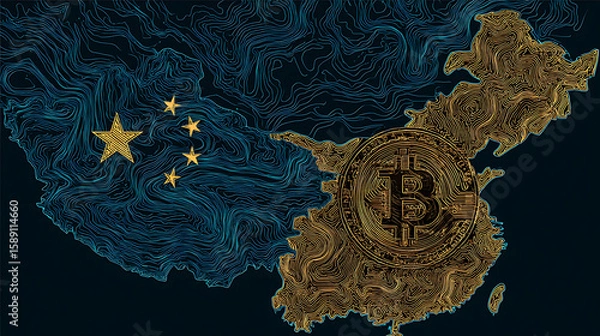 Fototapeta Clashing digital data streams between China and US maps with firewalls and Bitcoin symbols in dark blue cyberpunk style, representing global cyber conflict and cryptocurrency chaos.