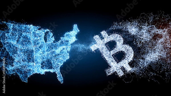 Fototapeta Clashing digital data streams between China and US maps with firewalls and Bitcoin symbols in dark blue cyberpunk style, representing global cyber conflict and cryptocurrency chaos.