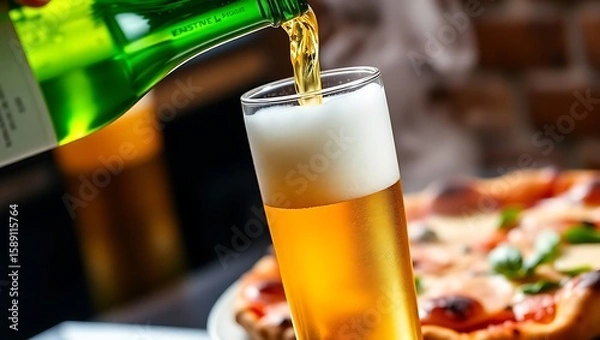 Fototapeta Pouring beer into a glass with pizza in the background creating a refreshing and tasty scene | national 