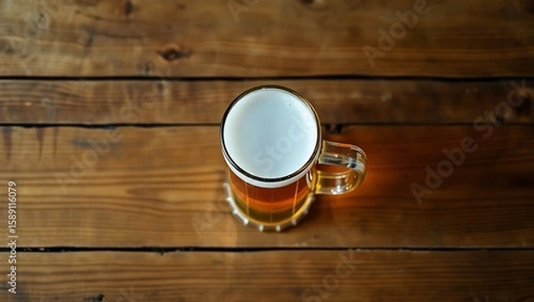 Fototapeta Aerial view of a beer mug with white foam on a wooden table with natural light and warm color tones | national 